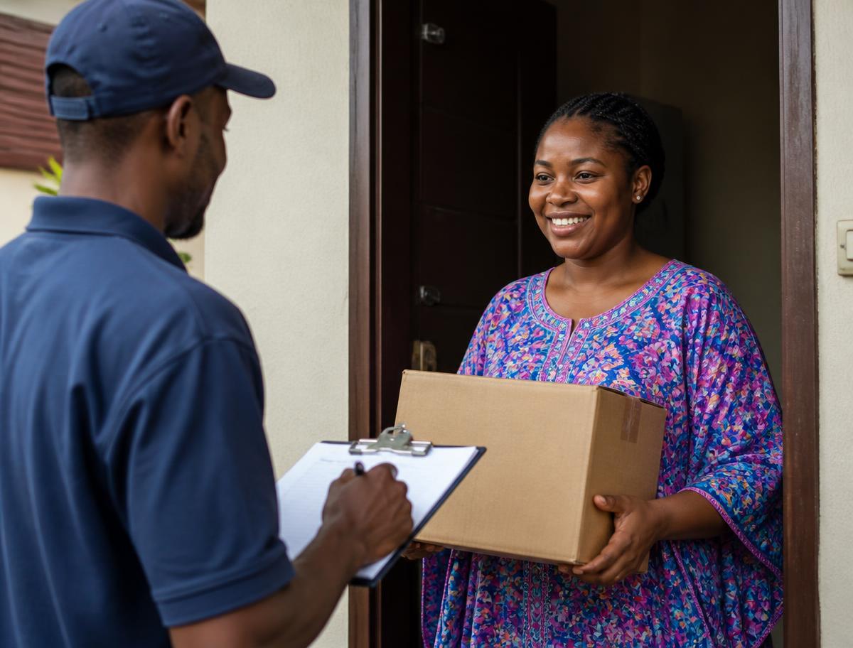 Swift Vaults courier handing a parcel to a customer at their door